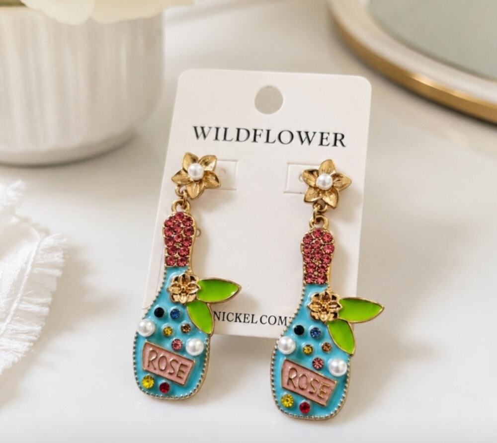 Wildflower Rose Bling Wine Bottle Earrings New